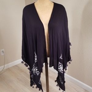 Ruana black with grey tassels and embroidery